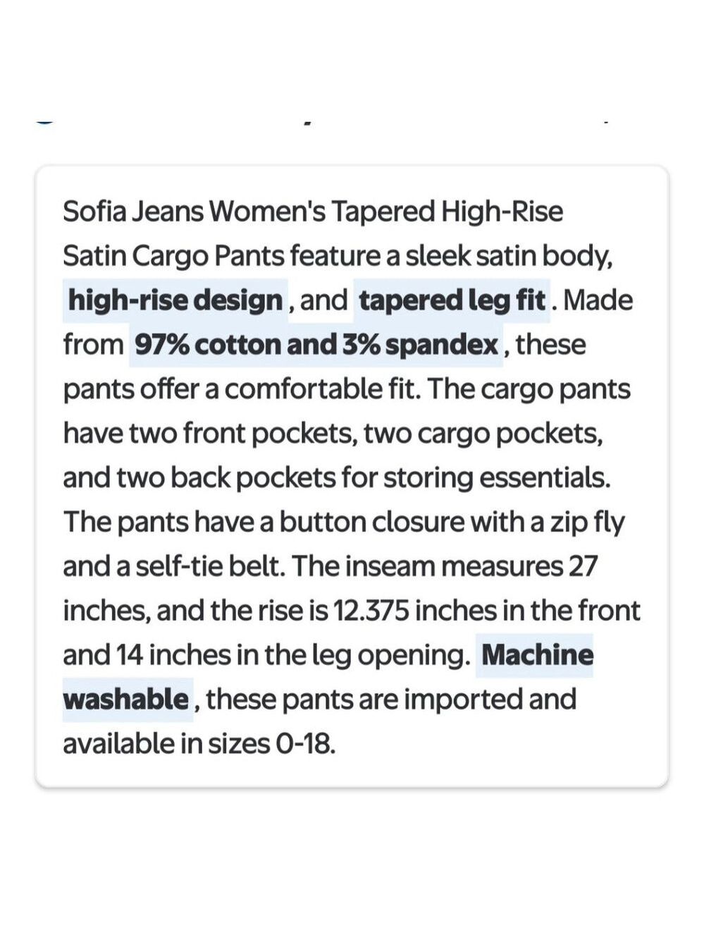 Sofia Jeans Women's Tapered High Rise Satin Cargo Pants, 27" Inseam, Size 16 - Picture 6 of 9